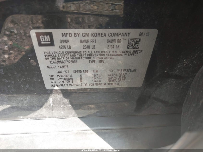 2015 Buick Encore VIN KL4CJBSB0FB268851 IAAI salvage auction — FRONT & REAR, Salvage (Ohio), sold $400 on 2026-07-29 (photo 9)