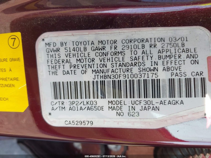 2001 Lexus Ls 430 VIN JTHBN30F910037175 IAAI salvage auction — NORMAL WEAR, Clear (Michigan), sold $675 on 2026-07-23 (photo 9)