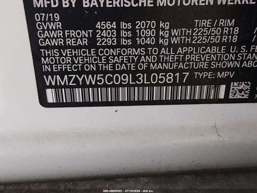 2020 Mini Countryman VIN WMZYW5C09L3L05817 IAAI salvage auction — FRONT & REAR, Original (Texas), sold $2,575 on 2026-07-29 (photo 9)