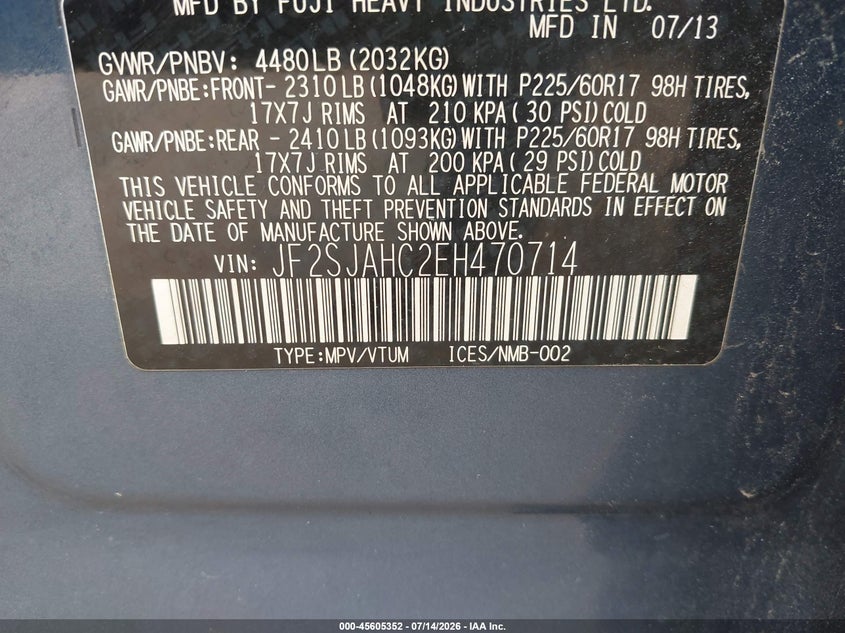 2014 Subaru Forester VIN JF2SJAHC2EH470714 IAAI salvage auction — RIGHT SIDE, Salvage Title, sold $700 on 2026-07-26 (photo 9)