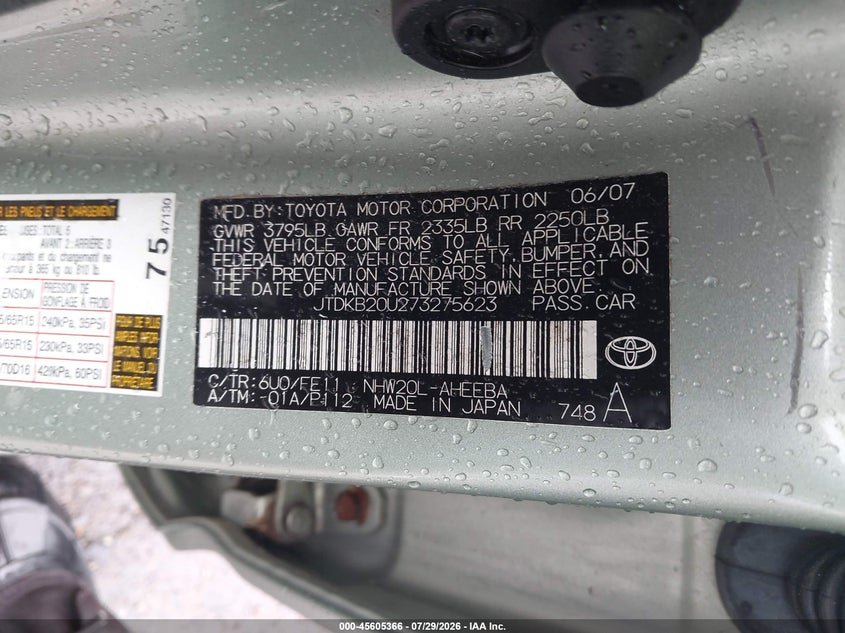 2007 Toyota Prius VIN JTDKB20U273275623 IAAI salvage auction — REAR END, Clear (Massachusetts), sold $975 on 2026-08-03 (photo 9)
