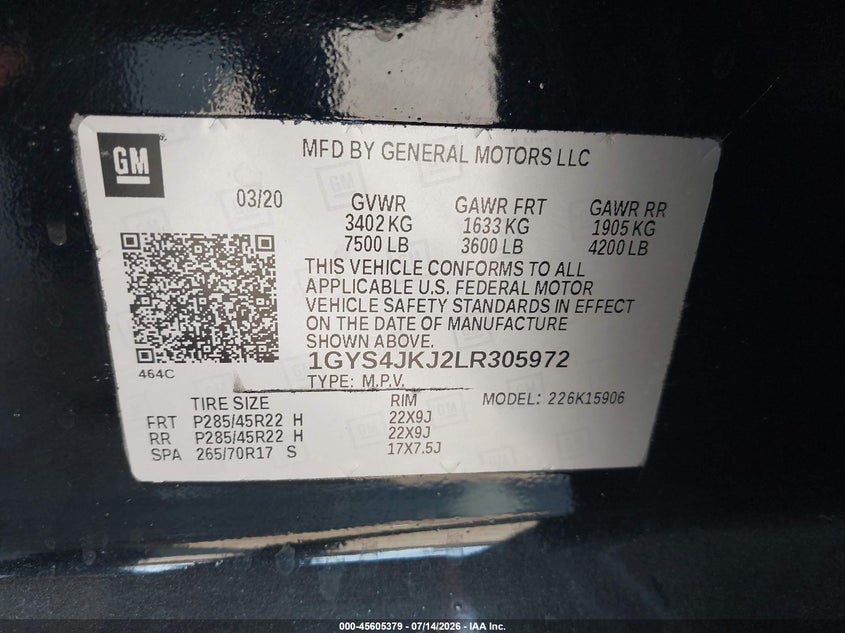 2020 Cadillac Escalade VIN 1GYS4JKJ2LR305972 IAAI salvage auction — FRONT END, Salvage Title, sold $9,050 on 2026-08-19 (photo 9)