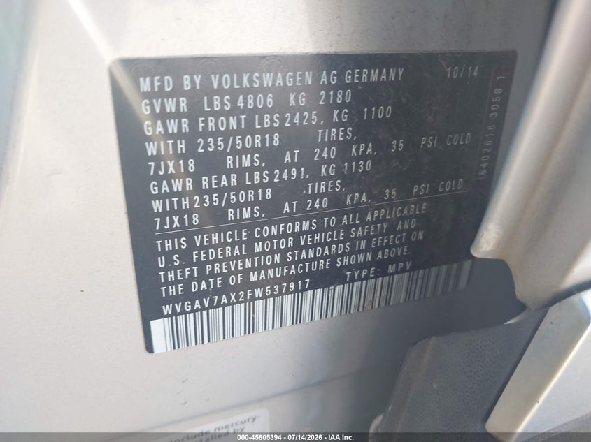 2015 Volkswagen Tiguan VIN WVGAV7AX2FW537917 IAAI salvage auction — NORMAL WEAR, Clear (Pennsylvania), sold $400 on 2026-07-24 (photo 9)