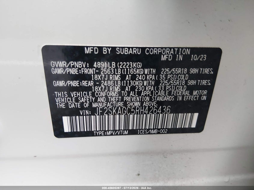 2024 Subaru Forester VIN JF2SKAGC5RH426436 IAAI salvage auction — RIGHT FRONT, Salvage Title, sold $6,900 on 2026-08-01 (photo 9)