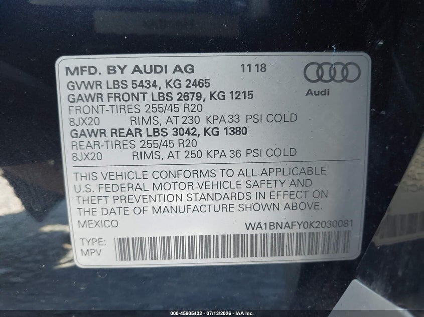 2019 Audi Q5 VIN WA1BNAFY0K2030081 IAAI salvage auction — RIGHT SIDE, Bill Of Sale (Washington), sold $4,650 on 2026-08-03 (photo 9)