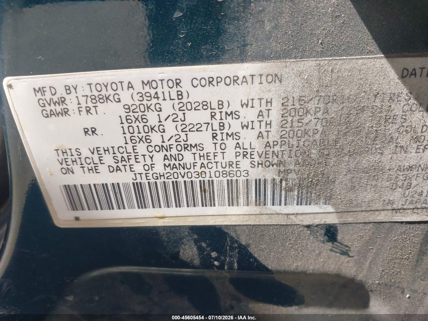 2003 Toyota Rav4 VIN JTEGH20V030108603 IAAI salvage auction — NORMAL WEAR, Clear - Dealer Only (California), sold $200 on 2026-07-28 (photo 9)