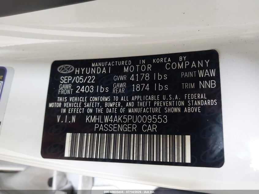 2023 Hyundai Elantra n VIN KMHLW4AK5PU009553 IAAI salvage auction — RIGHT FRONT, Salvage Title, sold $7,000 on 2026-08-23 (photo 9)