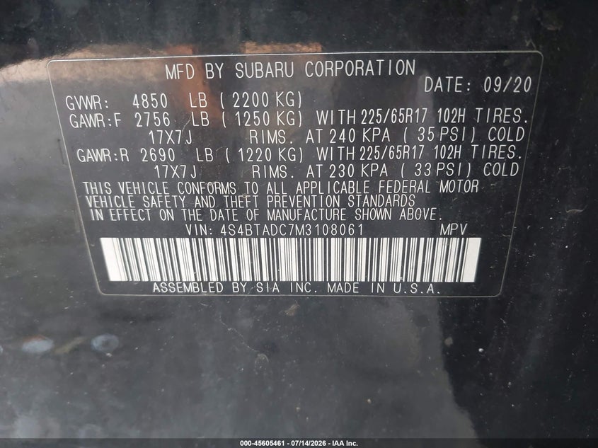 2021 Subaru Outback VIN 4S4BTADC7M3108061 IAAI salvage auction — FRONT END, Salvage Title, sold $4,200 on 2026-08-02 (photo 9)