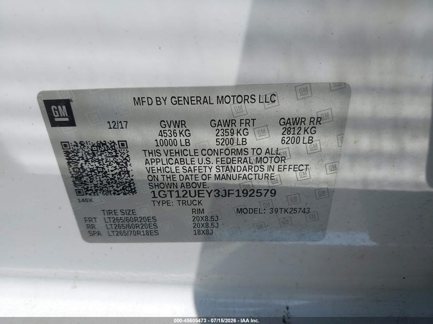 2018 Gmc SIERRA VIN 1GT12UEY3JF192579 IAAI salvage auction — ELECTRICAL, Salvage (Pennsylvania), sold $22,600 on 2026-07-22 (photo 9)