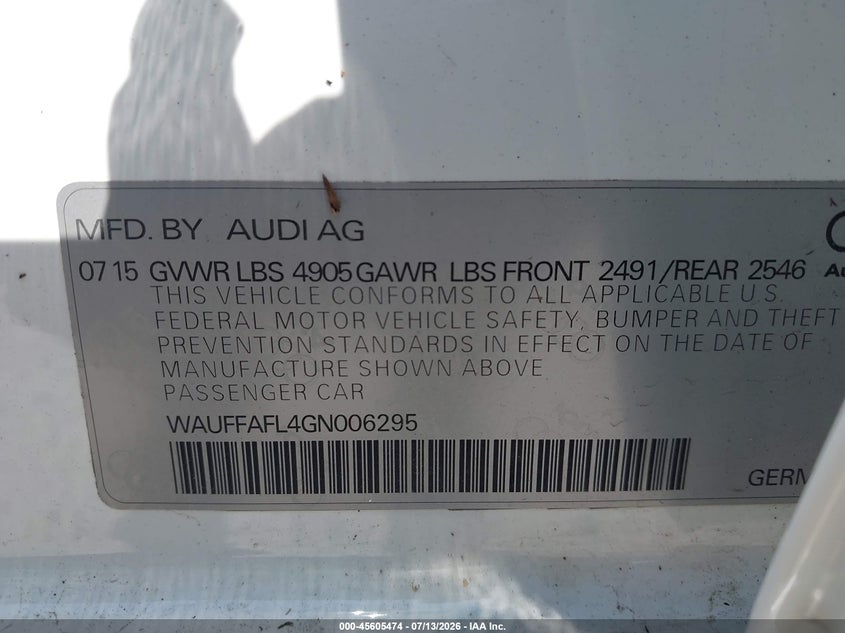 2016 Audi A4 VIN WAUFFAFL4GN006295 IAAI salvage auction — WATER/FLOOD, Salvage (Idaho), sold $1,550 on 2026-07-28 (photo 9)