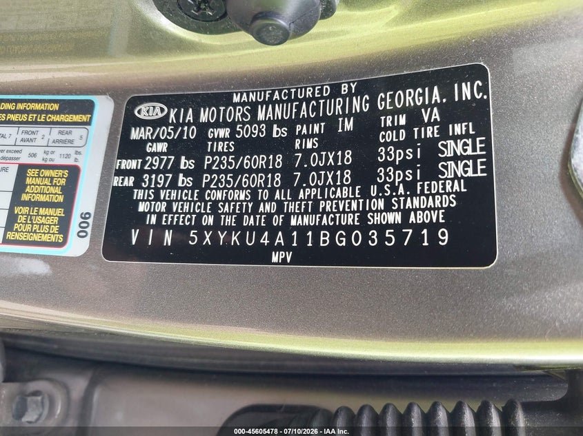 2011 Kia Sorento VIN 5XYKU4A11BG035719 IAAI salvage auction — NORMAL WEAR, Clear (Indiana), sold $1,050 on 2026-07-16 (photo 9)