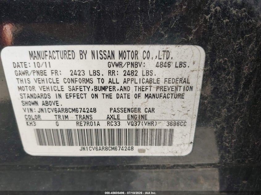 2012 Infiniti G VIN JN1CV6AR8CM674248 IAAI salvage auction — NORMAL WEAR, Clear (Maryland), sold $425 on 2026-07-28 (photo 9)
