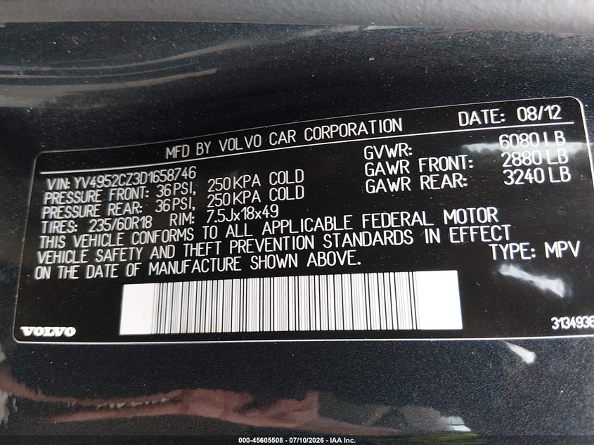 2013 Volvo Xc90 VIN YV4952CZ3D1658746 IAAI salvage auction — NORMAL WEAR, Clear (Virginia), sold $300 on 2026-07-21 (photo 9)