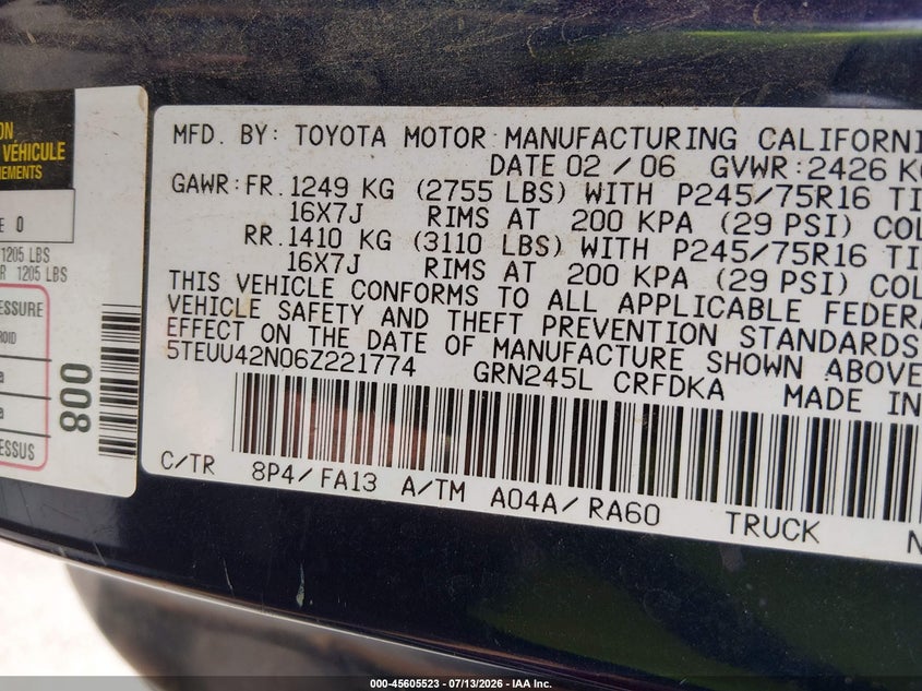 2006 Toyota Tacoma VIN 5TEUU42N06Z221774 IAAI salvage auction — FRONT END, Salvage (North Carolina), sold $4,400 on 2026-07-26 (photo 9)