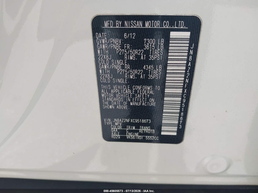 2012 Infiniti Qx56 VIN JN8AZ2NFXC9518673 IAAI salvage auction — NORMAL WEAR, Clear (Florida), sold $25 on 2026-07-15 (photo 9)