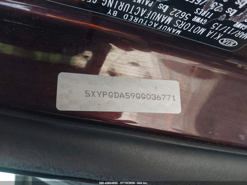 2016 Kia Sorento VIN 5XYPGDA59GG036771 IAAI salvage auction — FRONT END, Salvage Title, sold $1,300 on 2026-07-29 (photo 9)