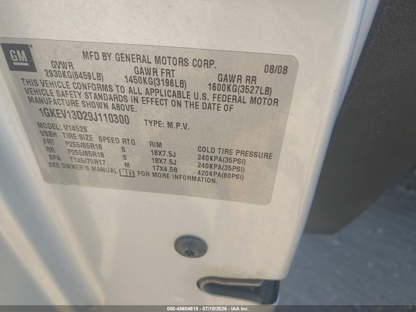 2009 Gmc Acadia VIN 1GKEV13D29J110300 IAAI salvage auction — NORMAL WEAR, Clear (Colorado), sold $100 on 2026-07-22 (photo 9)