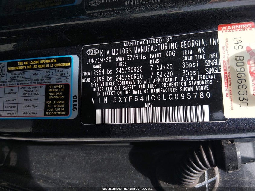 2020 Kia Telluride VIN 5XYP64HC6LG095780 IAAI salvage auction — STORM DAMAGE, Wait Title, sold $6,500 on 2026-09-13 (photo 9)