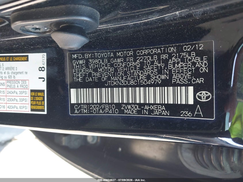 2012 Toyota Prius VIN JTDKN3DU8C1504979 IAAI salvage auction — NORMAL WEAR, Clear - Dealer Only (California), sold $1,300 on 2026-07-29 (photo 9)