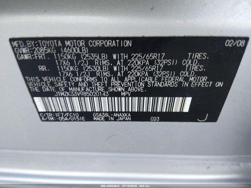 2008 Toyota Rav4 VIN JTMZK33V985020143 IAAI salvage auction — REAR END, Clear (Georgia), sold $700 on 2026-07-20 (photo 9)