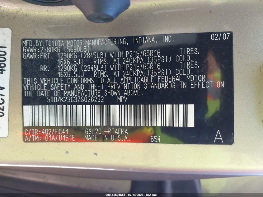 2007 Toyota Sienna VIN 5TDZK23C37S026232 IAAI salvage auction — NORMAL WEAR, Affidavit In Lieu Of Title - Non-Public (Washington), sold $700 on 2026-07-29 (photo 9)