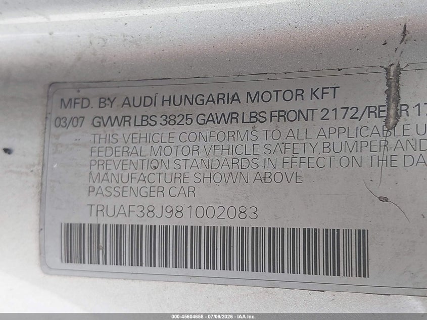 2008 Audi Tt VIN TRUAF38J981002083 IAAI salvage auction — REAR END, Clear (Montana), sold $2,000 on 2026-07-16 (photo 9)