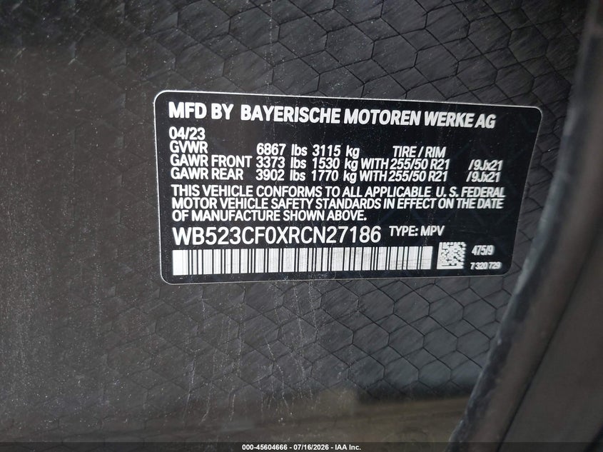 2024 BMW Ix VIN WB523CF0XRCN27186 IAAI salvage auction — FRONT END, Salvage - Greater Than 75% (Maryland), sold $19,900 on 2026-07-30 (photo 9)