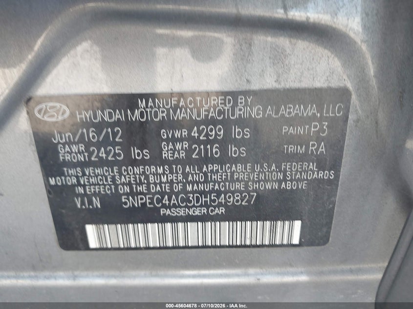 2013 Hyundai Sonata VIN 5NPEC4AC3DH549827 IAAI salvage auction — LEFT REAR, Salvage (California), sold $600 on 2026-07-28 (photo 9)