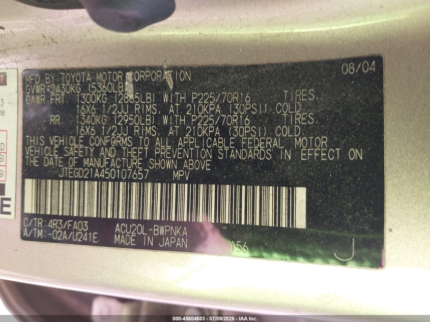 2005 Toyota Highlander VIN JTEGD21A450107657 IAAI salvage auction — NORMAL WEAR, Clear (Hawaii), sold $25 on 2026-07-28 (photo 9)