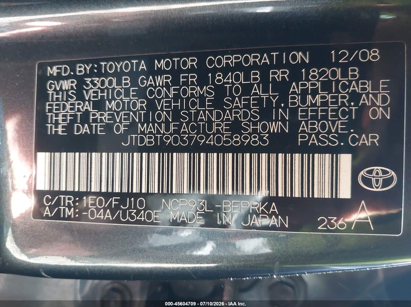 2009 Toyota Yaris VIN JTDBT903794058983 IAAI salvage auction — NORMAL WEAR, Clear (Virginia), sold $800 on 2026-07-21 (photo 9)
