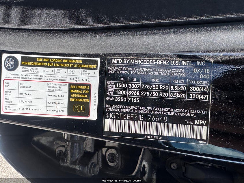 2018 Mercedes-benz Gls-class VIN 4JGDF6EE7JB176648 IAAI salvage auction — UNKNOWN, Clear (New Jersey), sold $12,500 on 2026-07-26 (photo 9)