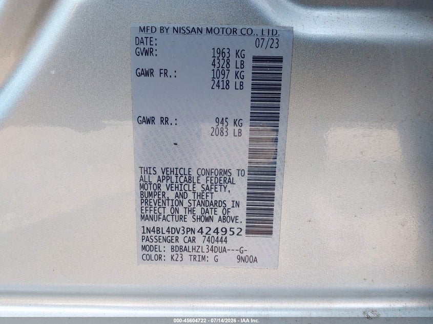 2023 Nissan Altima VIN 1N4BL4DV3PN424952 IAAI salvage auction — FRONT END, Salvage Title, sold $3,950 on 2026-07-25 (photo 9)