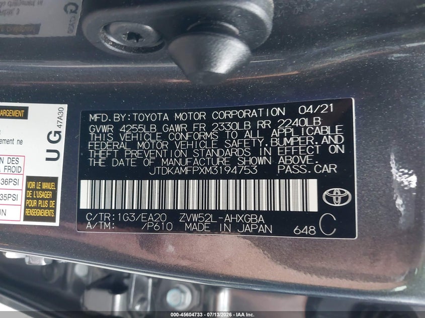 2021 Toyota Prius VIN JTDKAMFPXM3194753 IAAI salvage auction — FRONT END, Salvage Certificate (California), sold $6,100 on 2026-07-24 (photo 9)