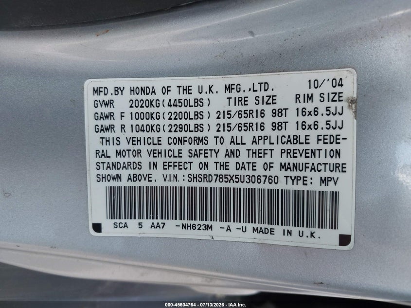 2005 Honda Cr-v VIN SHSRD785X5U306760 IAAI salvage auction — NORMAL WEAR, Clear, sold $775 on 2026-07-27 (photo 9)