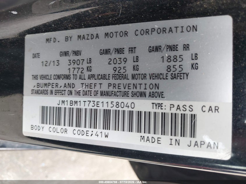 2014 Mazda 3 VIN JM1BM1T73E1158040 IAAI salvage auction — REAR END, Salvage Title, sold $725 on 2026-07-30 (photo 9)