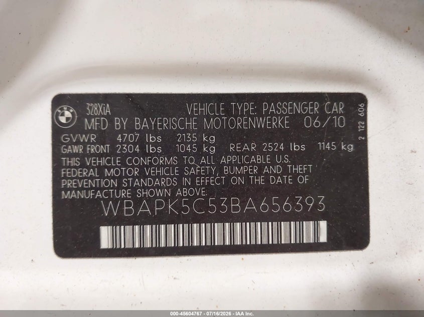2011 BMW 3 series VIN WBAPK5C53BA656393 IAAI salvage auction — FRONT END, Clear (New York), sold $25 on 2026-07-29 (photo 9)