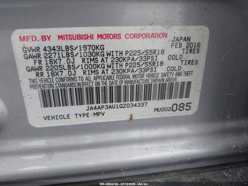 2016 Mitsubishi Outlander VIN JA4AP3AU1GZ034337 IAAI salvage auction — SIDE, Rebuildable (Florida), sold $1,650 on 2026-07-25 (photo 9)