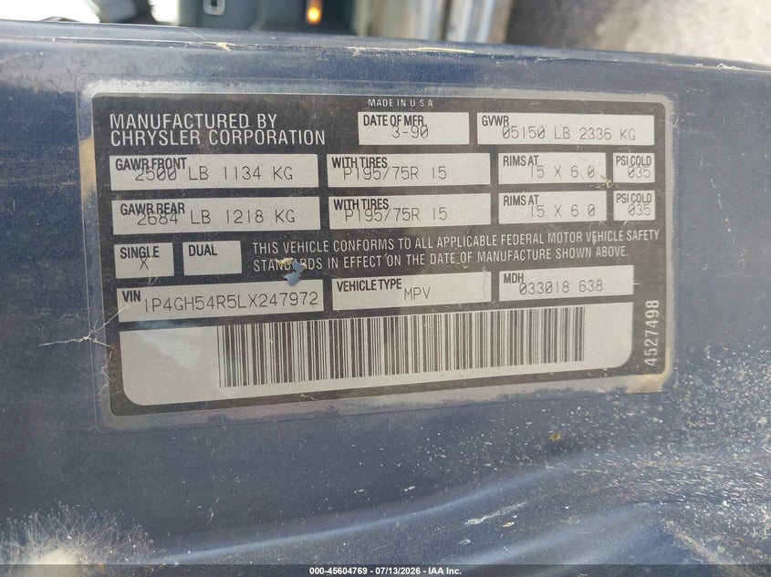 1990 Plymouth Grand voyager VIN 1P4GH54R5LX247972 IAAI salvage auction — NORMAL WEAR, Clear (Montana), sold $50 on 2026-07-22 (photo 9)