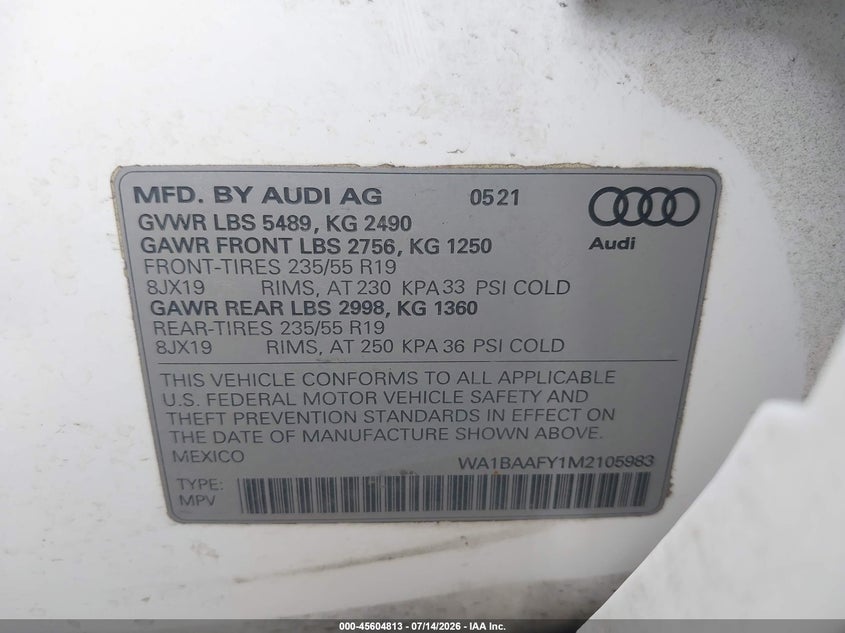 2021 Audi Q5 VIN WA1BAAFY1M2105983 IAAI salvage auction — RIGHT SIDE, Bill Of Sale (Washington), sold $50 on 2026-07-28 (photo 9)