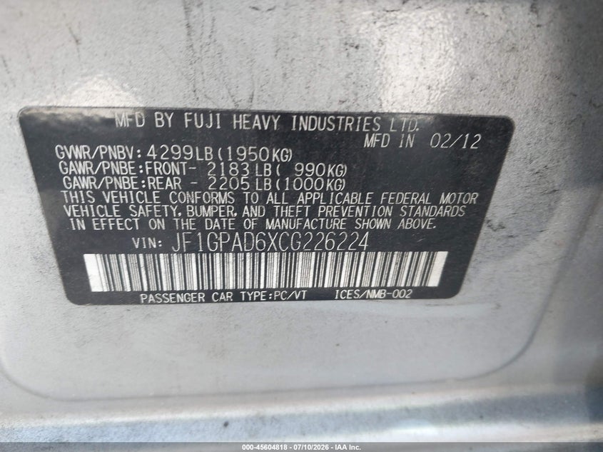 2012 Subaru Impreza VIN JF1GPAD6XCG226224 IAAI salvage auction — NORMAL WEAR, Clear (Oregon), sold $375 on 2026-07-17 (photo 9)