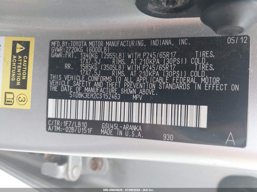 2012 Toyota Highlander VIN 5TDBK3EH2CS152463 IAAI salvage auction — NORMAL WEAR, Original (Vermont), sold $2,050 on 2026-07-16 (photo 9)