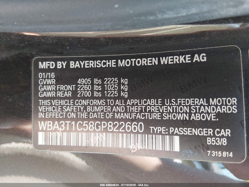 2016 BMW 4er VIN WBA3T1C58GP822660 IAAI salvage auction — FRONT END, Salvage Title, sold $1,725 on 2026-08-19 (photo 9)
