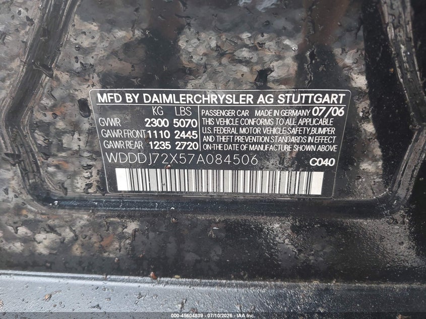 2007 Mercedes-benz Cls-class VIN WDDDJ72X57A084506 IAAI salvage auction — LEFT & RIGHT, Clear (South Carolina), sold $1,100 on 2026-07-28 (photo 9)
