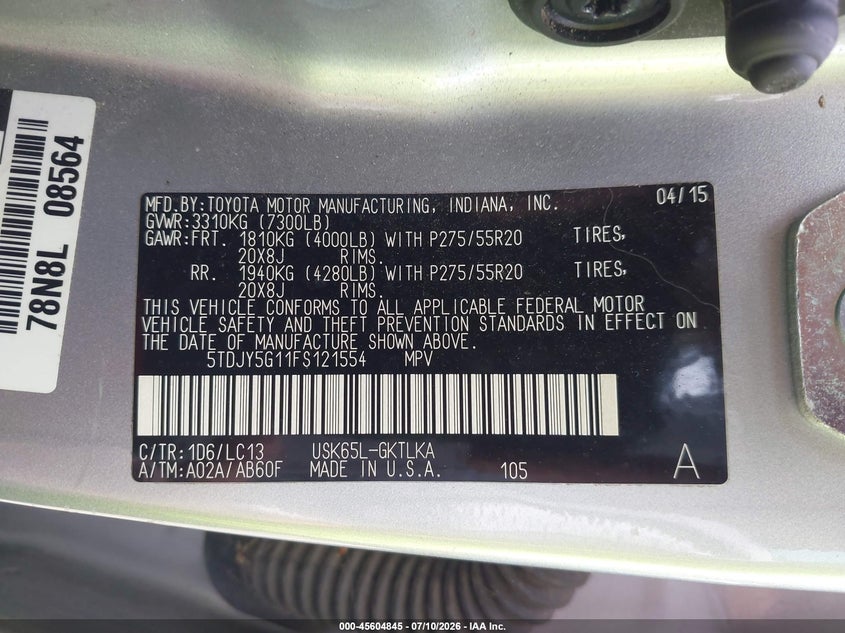 2015 Toyota Sequoia VIN 5TDJY5G11FS121554 IAAI salvage auction — NORMAL WEAR, Clear (Virginia), sold $1,600 on 2026-07-28 (photo 9)