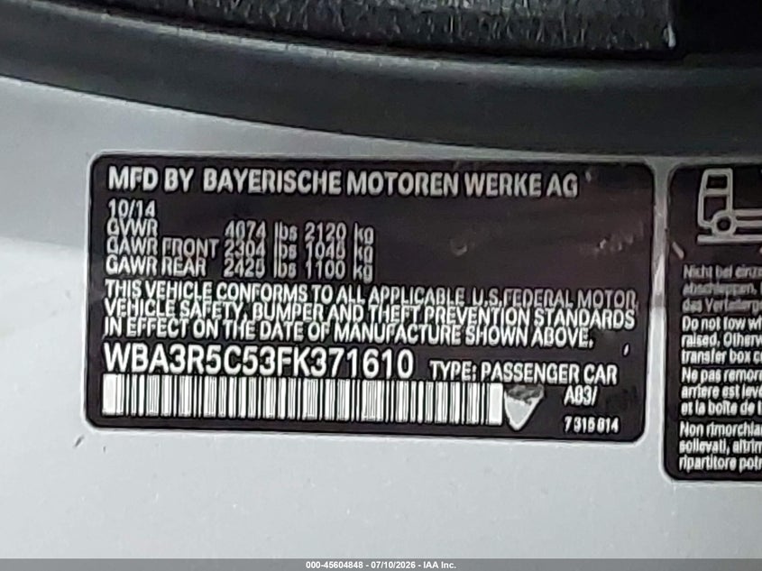 2015 BMW 4er VIN WBA3R5C53FK371610 IAAI salvage auction — REAR END, Salvage Title, sold $3,050 on 2026-08-05 (photo 9)