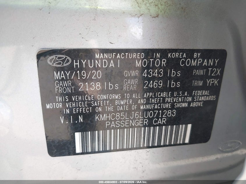2020 Hyundai Ioniq VIN KMHC85LJ6LU071283 IAAI salvage auction — LEFT FRONT, Salvage (Hawaii), sold $850 on 2026-07-28 (photo 9)