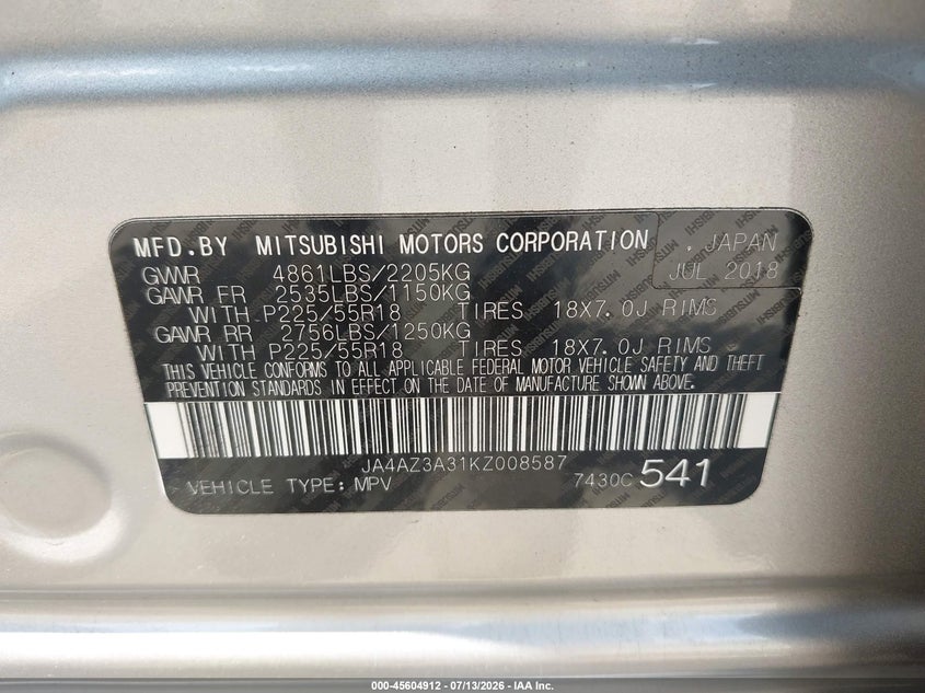 2019 Mitsubishi Outlander VIN JA4AZ3A31KZ008587 IAAI salvage auction — LEFT REAR, Salvage (Pennsylvania), sold $3,500 on 2026-07-28 (photo 9)