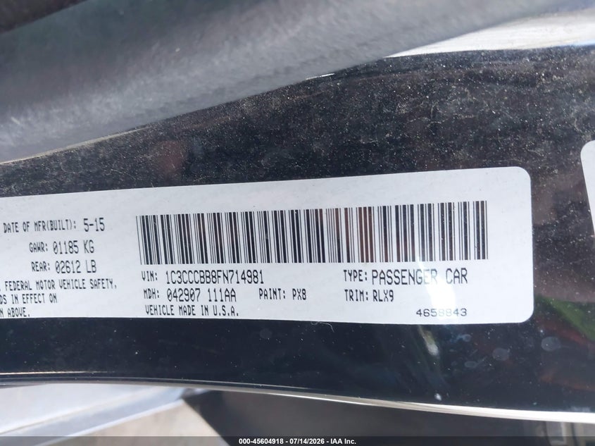 2015 Chrysler 200 VIN 1C3CCCBB8FN714981 IAAI salvage auction — REAR END, Salvage (California), sold $500 on 2026-07-31 (photo 9)