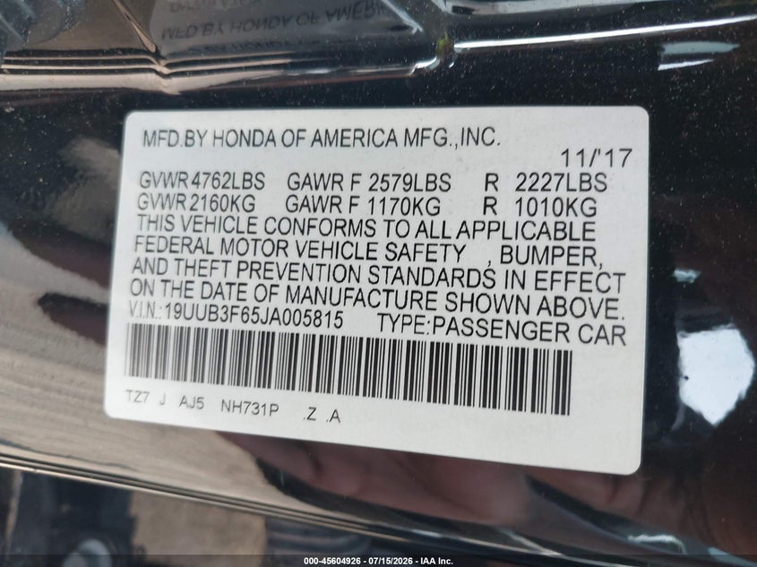 2018 Acura Tlx VIN 19UUB3F65JA005815 IAAI salvage auction — FRONT END, Salvage - Greater Than 75% (Maryland), sold $4,250 on 2026-07-26 (photo 9)