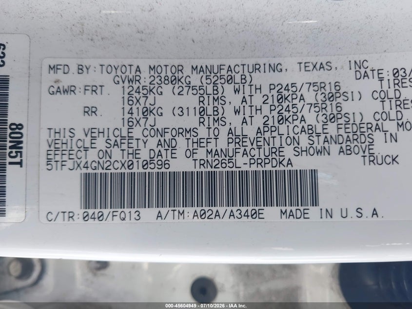 2012 Toyota Tacoma VIN 5TFJX4GN2CX010596 IAAI salvage auction — RIGHT FRONT, Salvage Title, sold $25 on 2026-07-30 (photo 9)